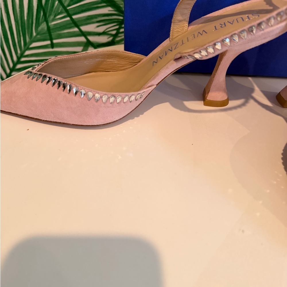 Stuart Weitzman X Curve85 Blush Pink Suede Pointed Slingback Heels jewels Sz 40